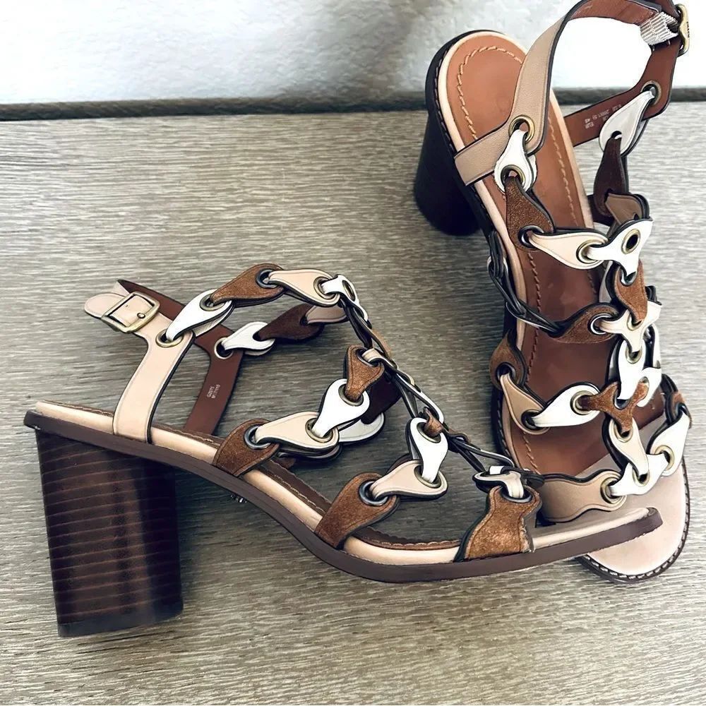 Coach Brown Tan Leather Strappy Block Heels 9.5